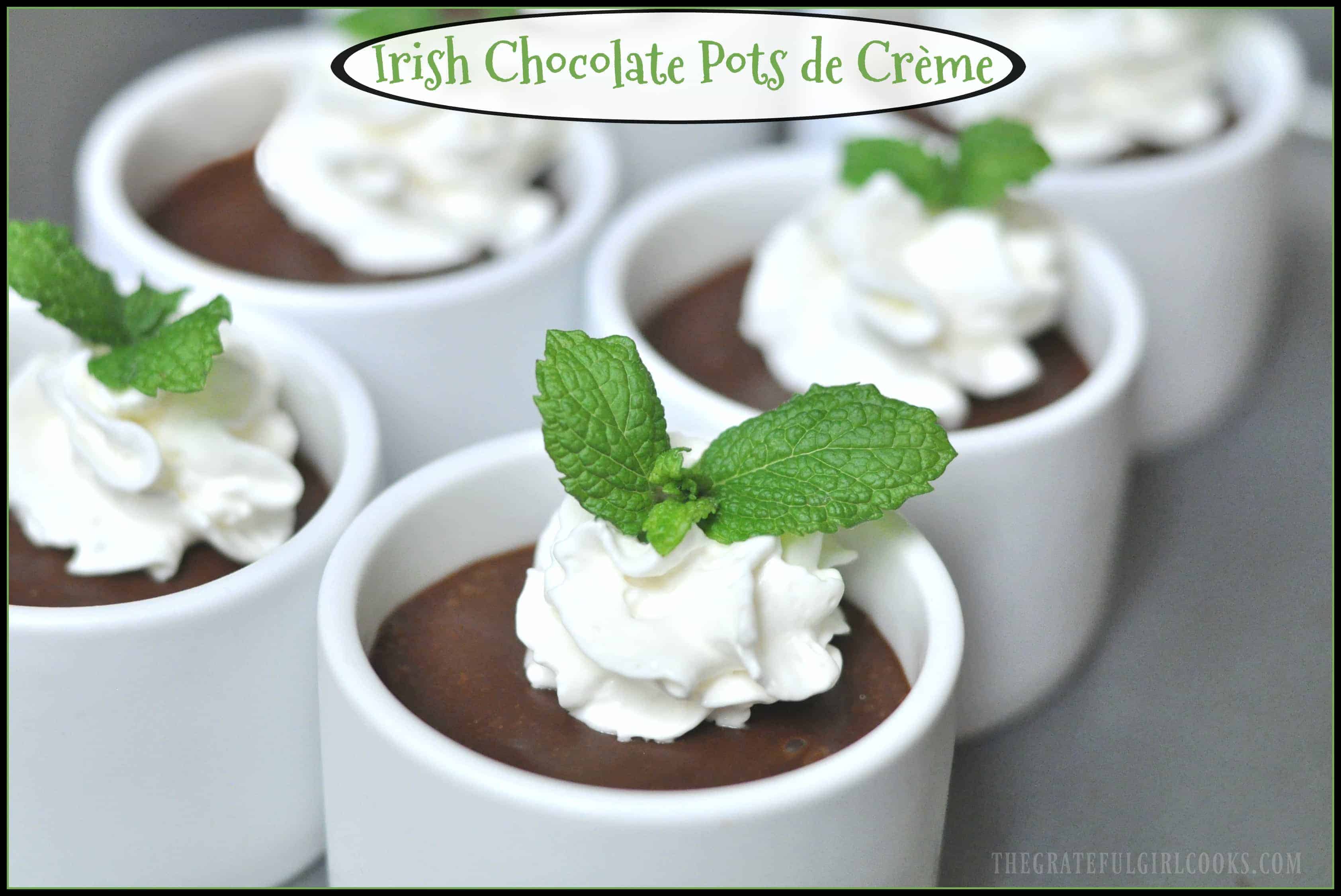Irish Chocolate Pots de Crème / The Grateful Girl Cooks! This easy, delicious, decadent chocolate dessert can be made in under ten minutes... in the blender! Irish Chocolate Pots de Crème / The Grateful Girl Cooks!