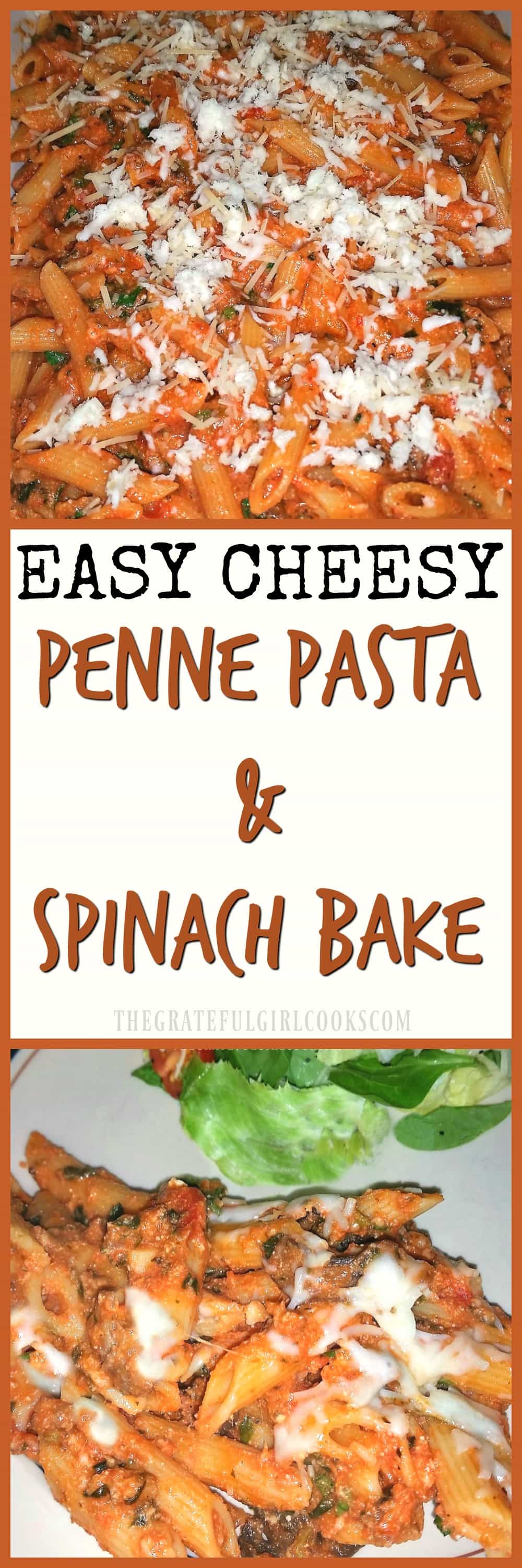 EASY CHEESY Penne Pasta and Spinach Bake / The Grateful Girl Cooks! EASY to prepare, delicious and filling, this simple meatless casserole features 3 Italian cheeses! EASY CHEESY Penne Pasta and Spinach Bake / The Grateful Girl Cooks! EASY to prepare, delicious and filling, this simple casserole features 3 Italian cheeses!
