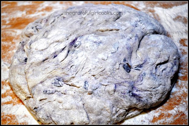 Blueberry bagel dough on lightly floured surface