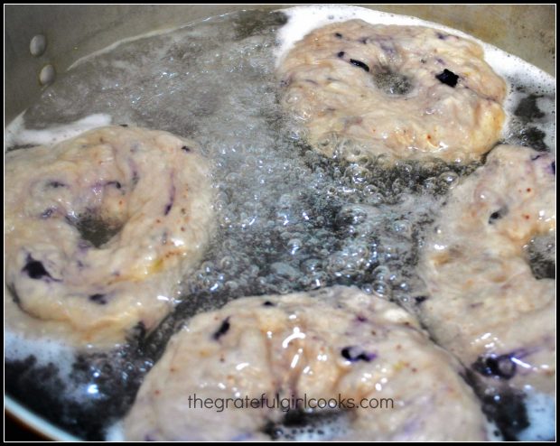 Blueberry bagels cooking in boiling water in pan