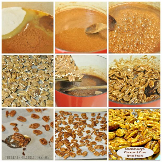  A collage of making the candied orange spiced pecans.