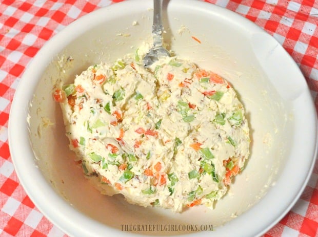 Mom's famous cream cheese ball ingredients are mixed together.