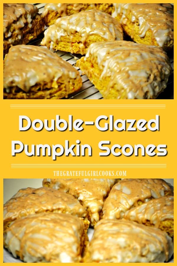 Fall is here, and it's time to enjoy delicious Double Glazed Pumpkin Scones (a Starbucks copycat recipe), with cinnamon spiced and powdered sugar glazes!