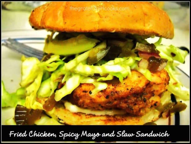 You're going to love this fried chicken sandwich on a toasted bun, with spicy mayo and slaw. Recipe from Bon Appétit magazine, and tastes fantastic!