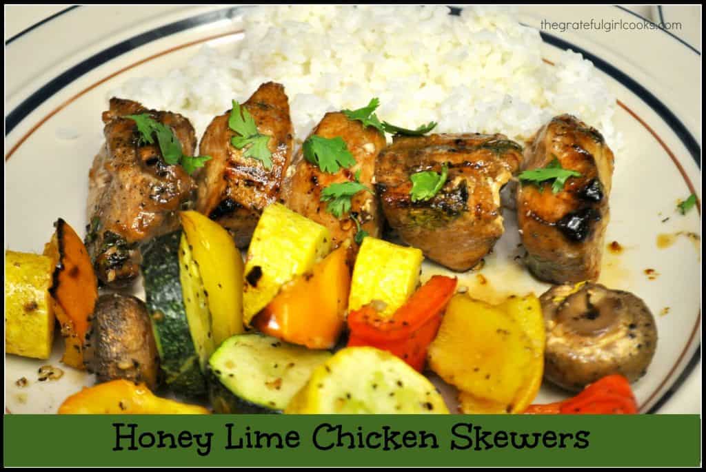 Honey lime chicken skewers, with marinated chicken breast, zucchini, yellow squash, mushrooms and bell peppers are the perfect (yummy) kabobs for grilling!