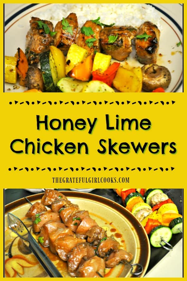 Honey lime chicken skewers, with marinated chicken breast, zucchini, yellow squash, mushrooms and bell peppers are the perfect (yummy) kabobs for grilling!