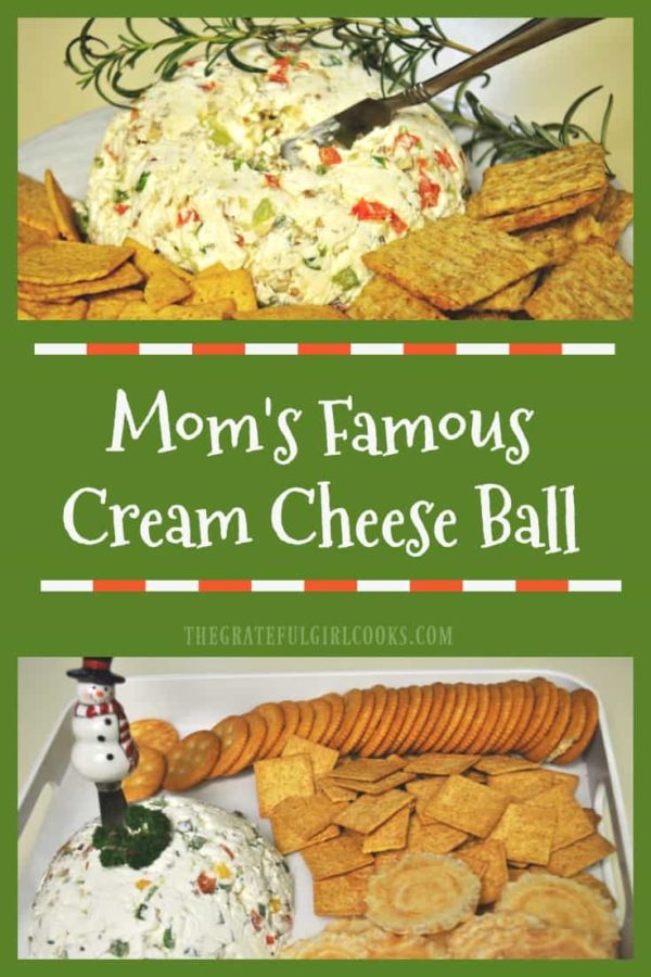 Mom's Famous Cream Cheese Ball is a delicious, easy appetizer, w/ red and green peppers, green onions and chopped pecans! So good, served on assorted crackers!