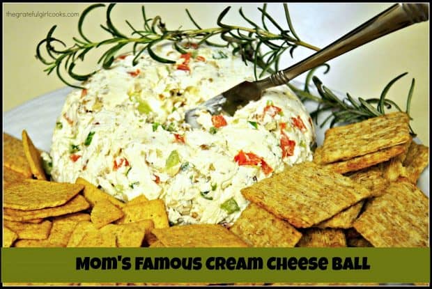 Mom's Famous Cream Cheese Ball is a delicious, easy appetizer, w/ red and green peppers, green onions and chopped pecans! So good, served on assorted crackers!