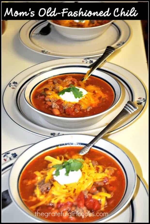 Nothing beats a piping hot bowl of Mom's old-fashioned chili to serve for lunch or dinner on a cold day! Easy to make-tastes delicious!