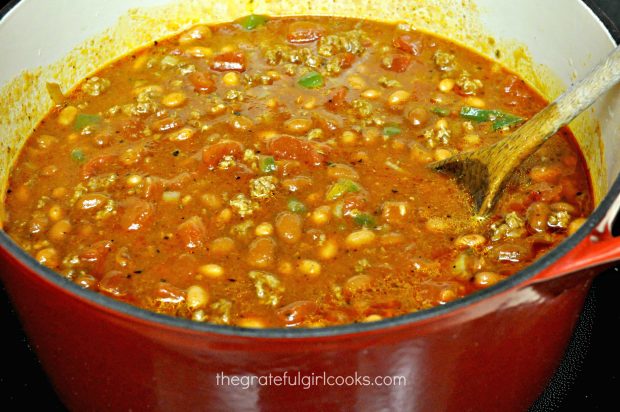 A big pot of Mom's old-fashioned chili, cooking on the stove.