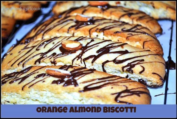 Orange Almond Biscotti are crispy Italian inspired cookies, with a semi-sweet chocolate base, and chocolate drizzle on top. Perfect to dunk in coffee!