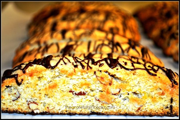 A look at the side of one orange almond biscotti... you can see the almonds!