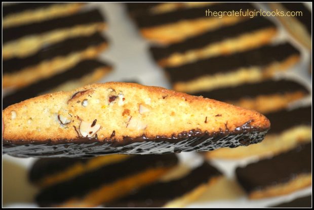 You can see the melted chocolate on the bottom of the orange almond biscotti.