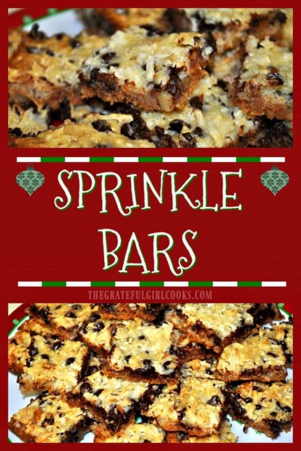 Sprinkle bars are classic chewy bar cookies with chocolate, coconut, and pecans! Perfectly easy dessert to make (serves 24) for the holidays, or anytime!