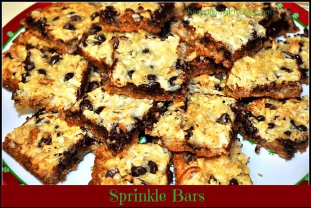 Sprinkle bars are classic chewy bar cookies with chocolate, coconut, and pecans! Perfectly easy dessert to make (serves 24) for the holidays, or anytime!