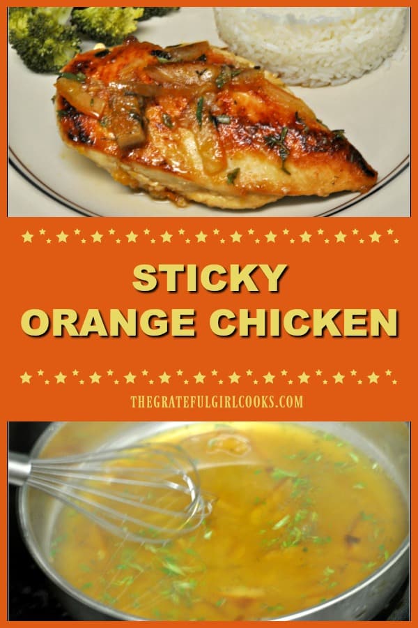 Sticky orange chicken is pan-seared chicken breasts, cooked in an orange marmalade, chicken stock, and rosemary herb based sweet and sticky sauce!