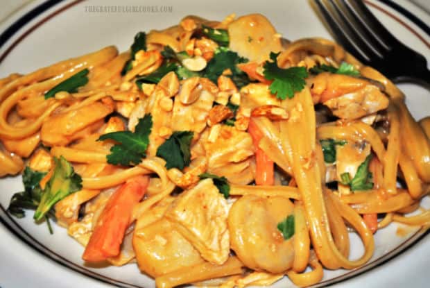 A dinner plate with Thai chicken linguini on it, ready to be eaten.