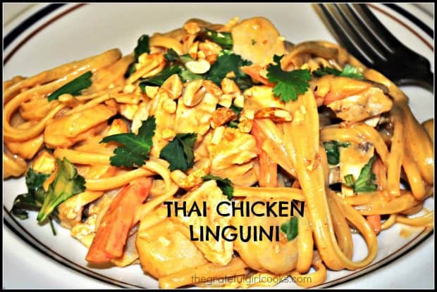 Thai Chicken Linguini (a Cheesecake Factory copycat recipe), with chicken breasts and pasta in a creamy Asian peanut sauce, is absolutely delicious!