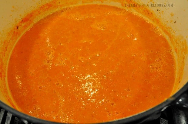 Creamy tomato basil soup, AFTER it has been pureed.