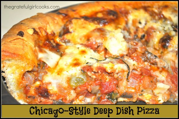 Make a delicious Chicago-style deep dish pizza from scratch, with 3 cheeses, sausage, pepperoni, tomatoes, green peppers and mushrooms.