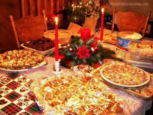 Some of the cookies (including cranberry orange cookies) brought to the Christmas cookie exchange.