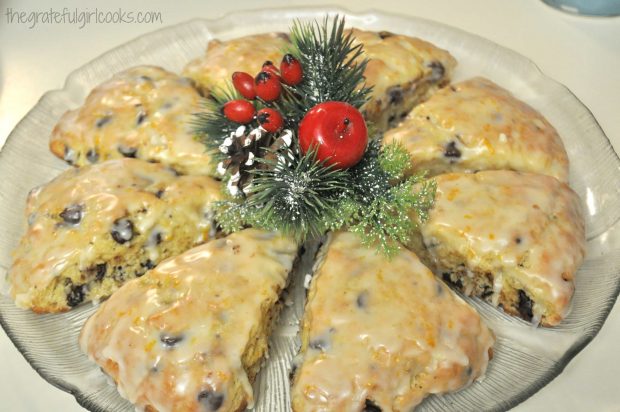 Christmas decorated platter of chocolate chip orange scones