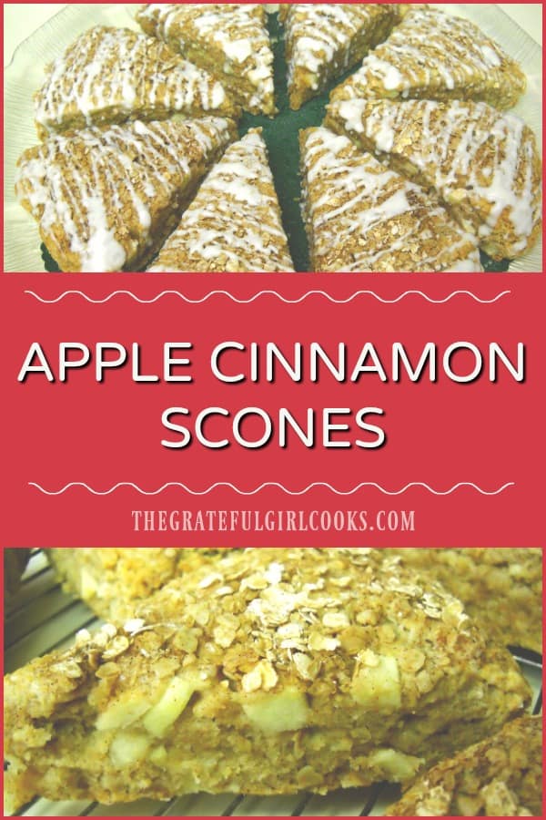 Apple Cinnamon Scones are filled with chopped fresh apples, and topped with a cinnamon/oat topping, in this easy to make, scrumptious breakfast treat!