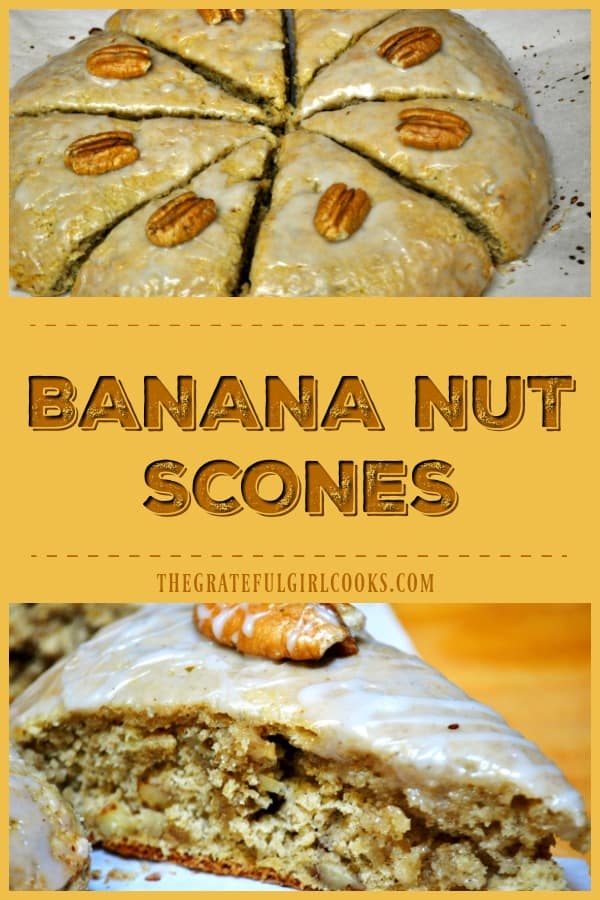 Banana Nut Scones, with pecans (or walnuts) and a banana flavored glazed icing are a delicious, easy to make treat for breakfast, brunch or a light snack!