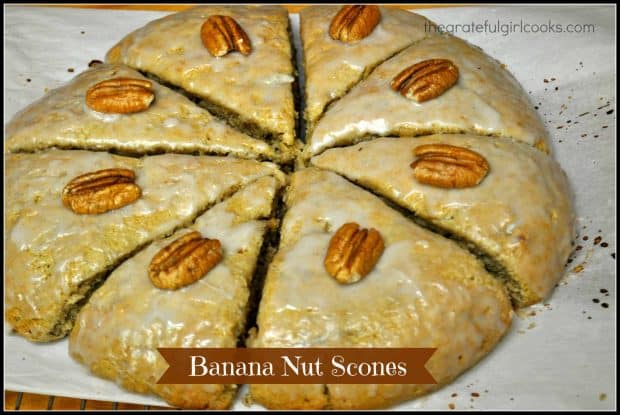 Banana Nut Scones, with pecans (or walnuts) and a banana flavored glazed icing are a delicious, easy to make treat for breakfast, brunch or a light snack!