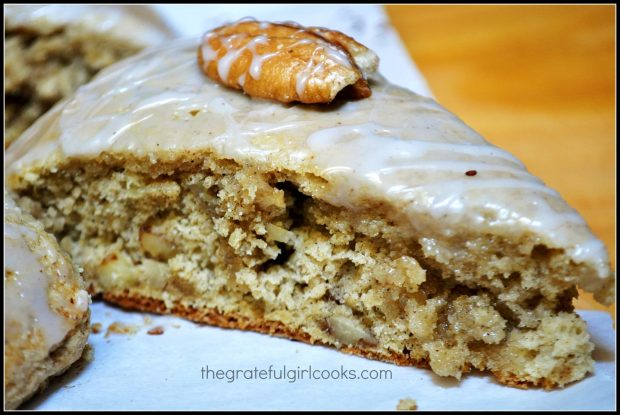 Banana scone side view with pecan on top