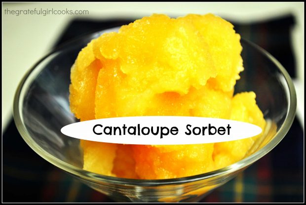 Cantaloupe Sorbet is easy to make (only 4 ingredients), and is a cold, refreshing frozen dessert treat to enjoy on a hot summer day!