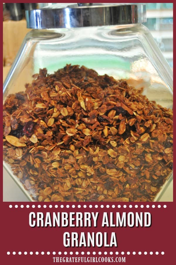 Cranberry almond granola is a yummy, easy to make homemade granola, with toasted almonds, oats, honey, cinnamon, sunflower seeds & dried cranberries!