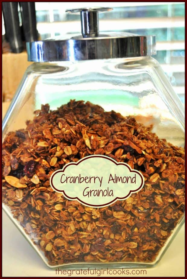 Cranberry almond granola is a yummy, easy to make homemade granola, with toasted almonds, oats, honey, cinnamon, sunflower seeds & dried cranberries!