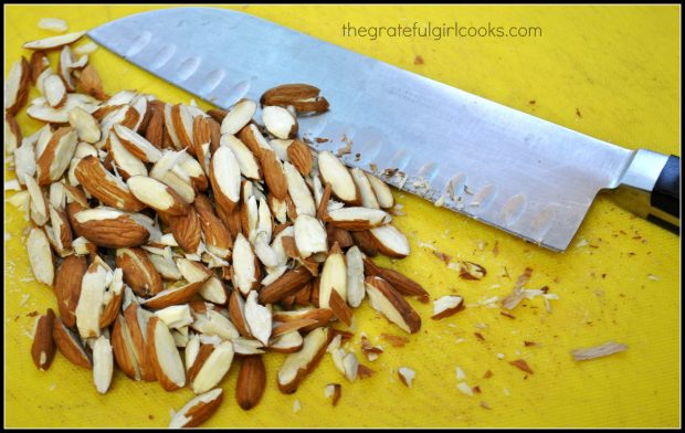 Almonds are sliced in slivers before skillet toasting and adding to granola.