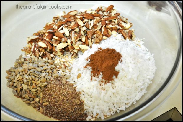 Toasted almonds, sunflower seeds, coconut, cinnamon, oats and flaxseed in mixing bowl.