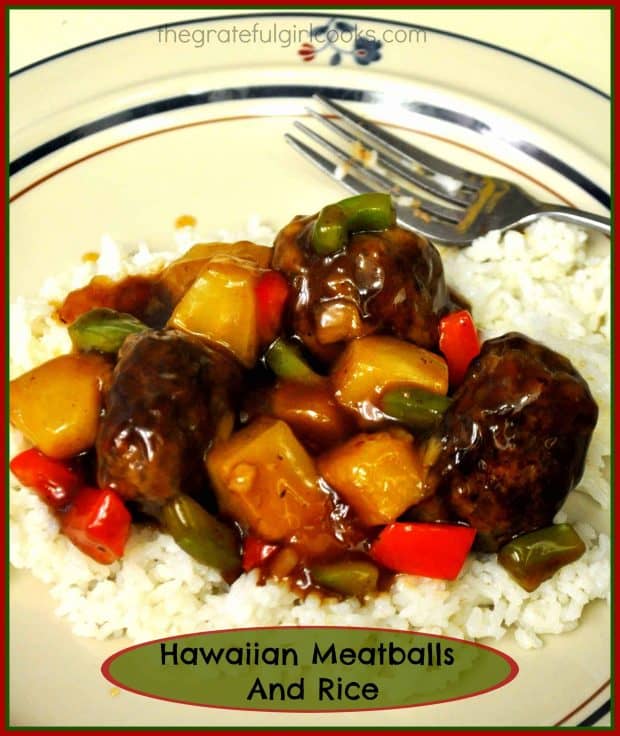 You'll love Hawaiian Meatballs and Rice - ground beef meatballs, with pineapple, red and green bell peppers in sweet and sour sauce, served on a bed of rice.