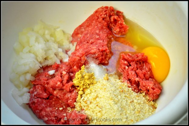 Meatball ingredients are combined in mixing bowl.