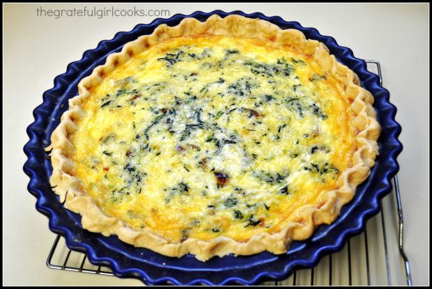 The Italian Sausage Spinach Quiche is golden brown after baking is complete.