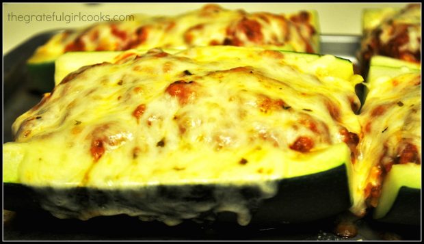 Lots of melted cheese on top of the stuffed zucchini.