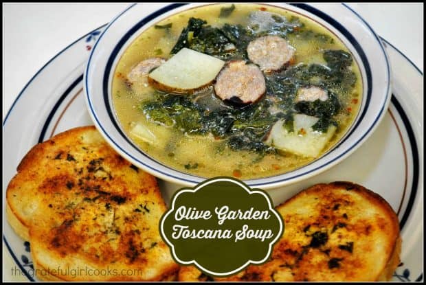 Olive Garden Toscana Soup is a delicious copycat recipe for a beloved, hearty soup with potatoes, Italian sausage and kale, in a seasoned broth!