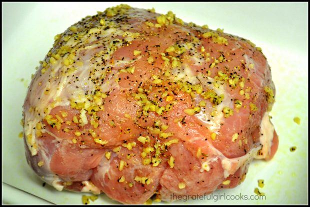 Pork Roast is covered with spice rub (including garlic).