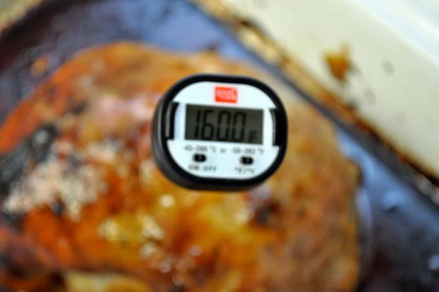 Orange Glazed Pork Roast is ready when internal temperature reaches 160 degrees F.