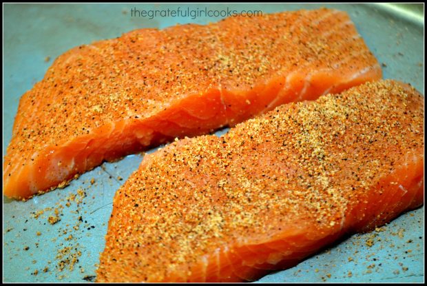 Salmon fillets are lightly seasoned with creole (cajun) seasoning.