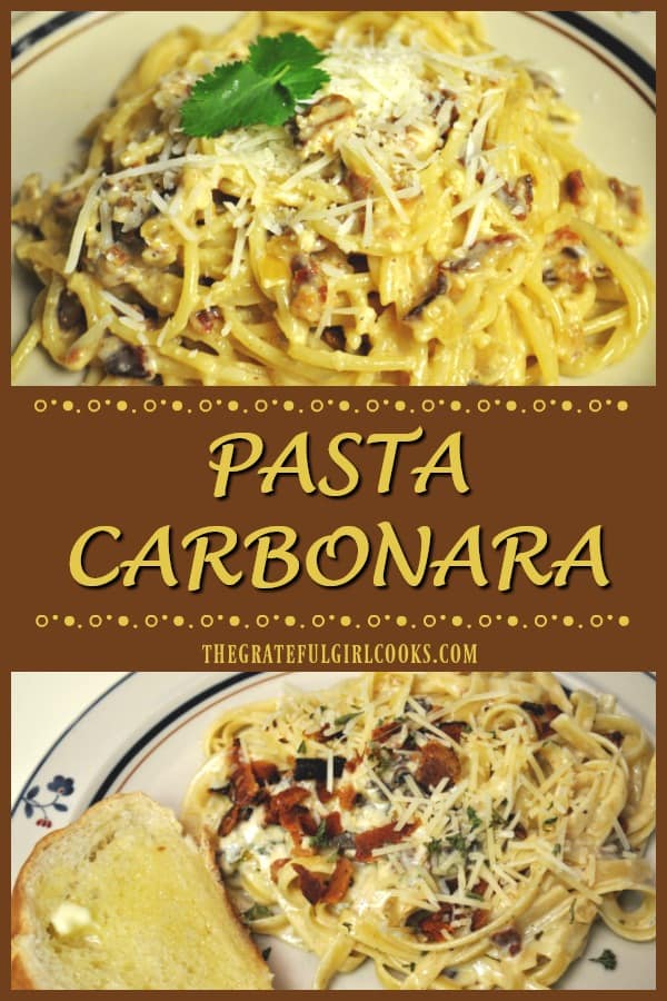 Enjoy classic Pasta Carbonara, an Italian dish with pasta cooked in a creamy bacon and onion sauce, with grated Parmesan cheese. It tastes FANTASTIC!