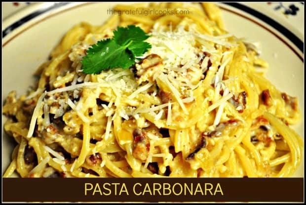 Enjoy classic Pasta Carbonara, an Italian dish with pasta cooked in a creamy bacon and onion sauce, with grated Parmesan cheese. It tastes FANTASTIC!