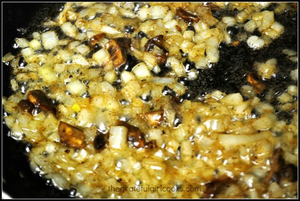 Cooking the onions and mushrooms for the pasta sauce.