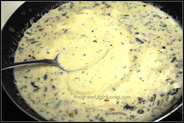 Pasta carbonara sauce is fully blended, and is ready for cooked pasta to be added.