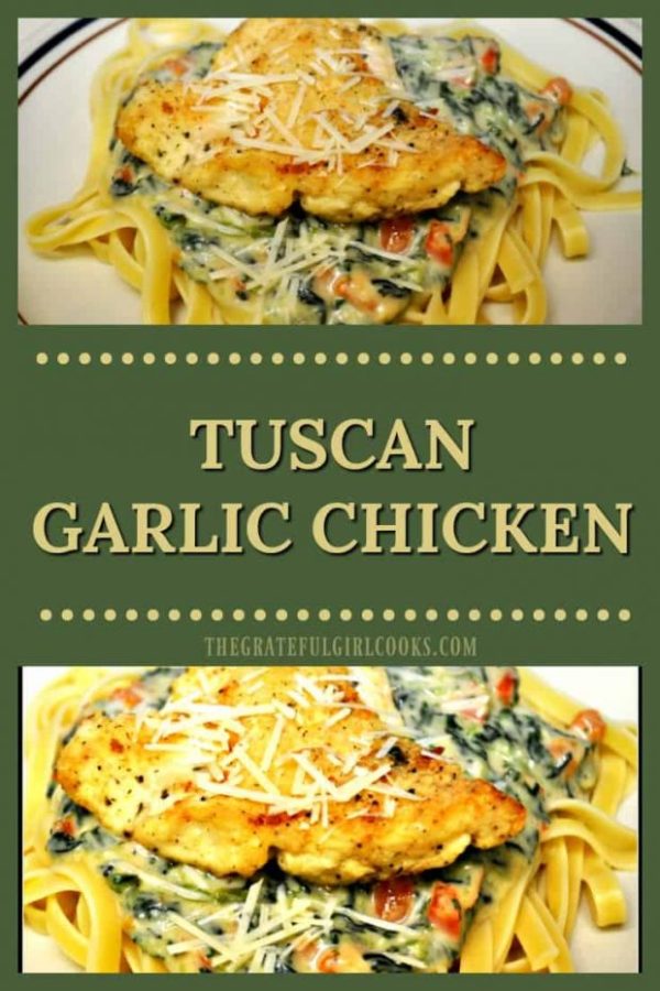 This easy, stove top Tuscan Garlic Chicken features lightly seasoned chicken, with a spinach, red pepper, garlic and Parmesan cheese sauce, on fettuccine pasta.