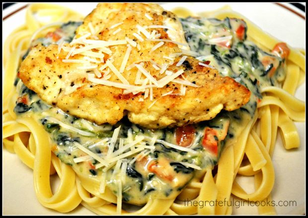 Tuscan Garlic Chicken, served on a bed of fettucine noodles.