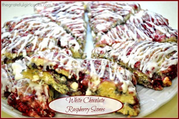 White chocolate raspberry scones are delicious, easy to make treats, filled with white chocolate chips and raspberries, and topped with a sweet glaze.